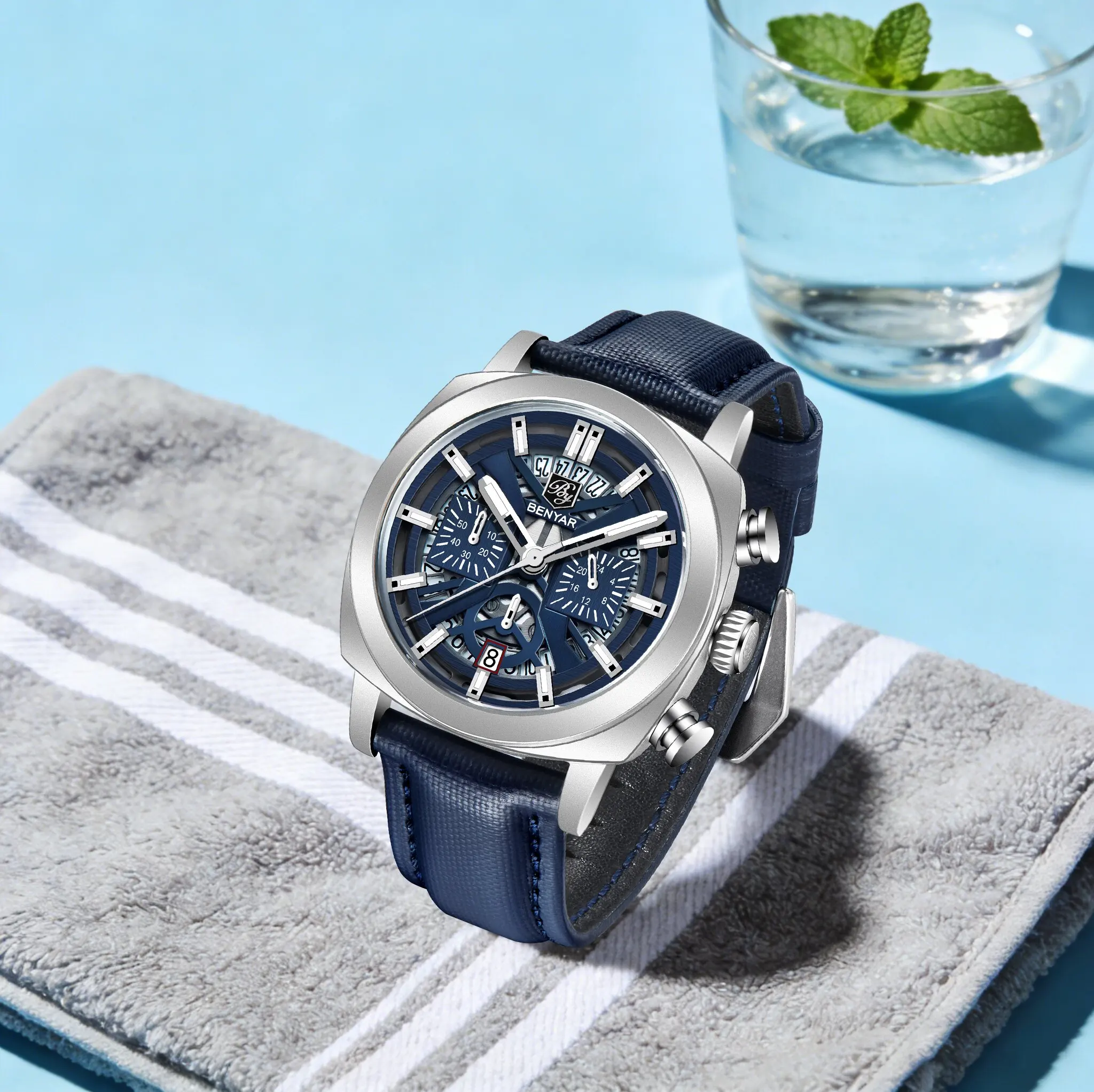 BENYAR Elegant Understood Men's Quartz Watch Versatile For Formal Wear Leather Strap Hardlex Luminous Calendar 5Bar Diving Watch