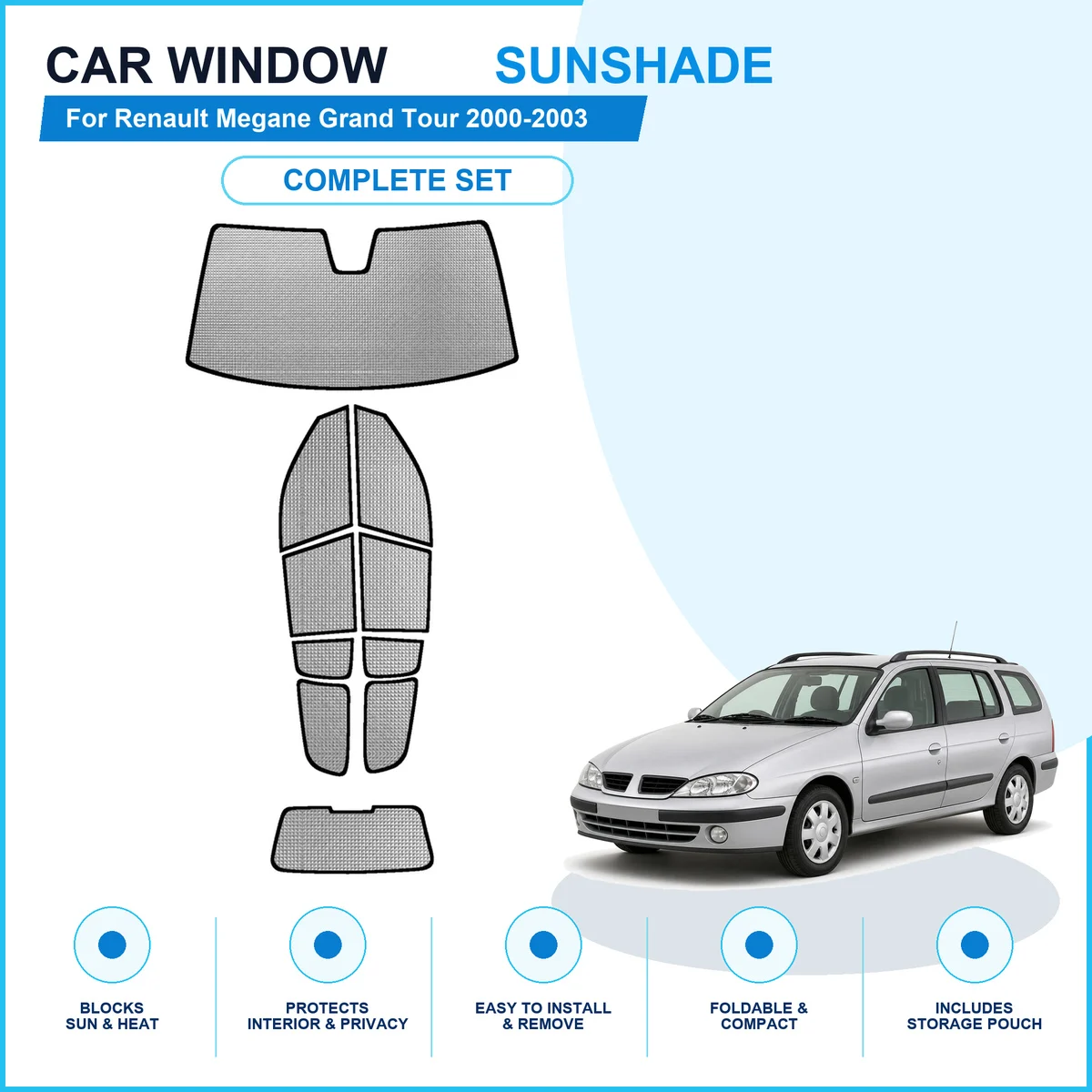 For Renault Megane Grand Tour 2000-2003 Custom Full Set Window Sunshades Aluminum Foil Suction Cup Anti UV Privacy