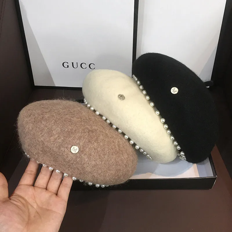 Exquisite Rhinestone Wool Beret for Women's Autumn Winter Solid Color Outdoor Painter Hat French Artist Hat  Elegant Cap