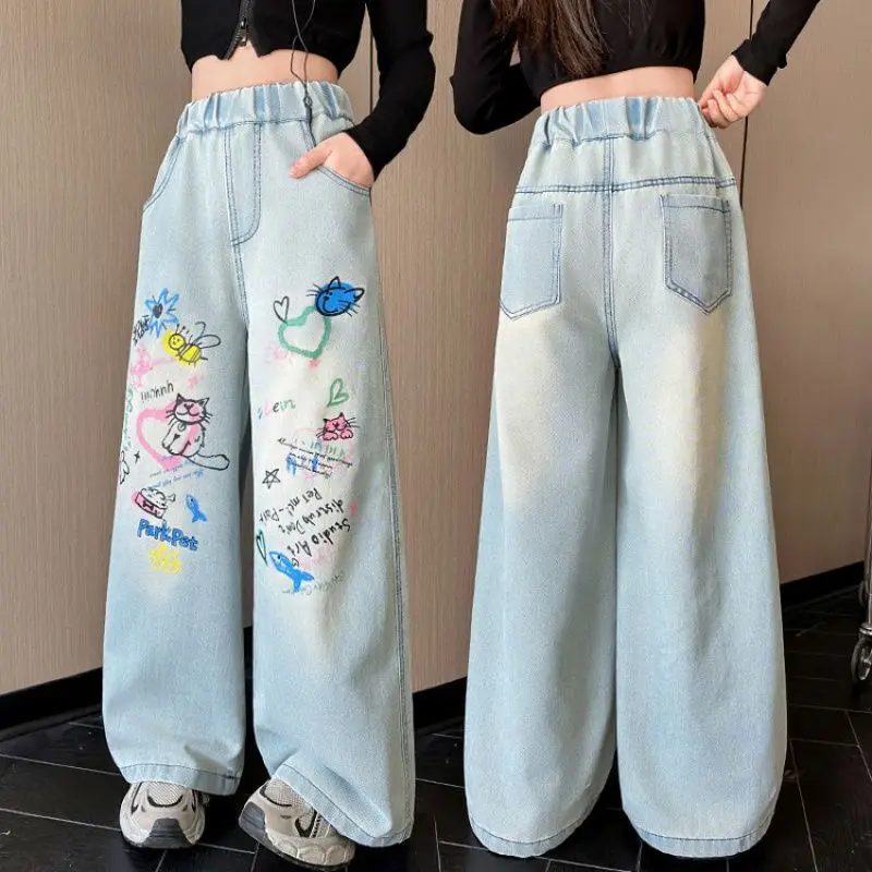 2025 Spring Autumn Hot Sales Kids Jeans for Girls Fashion Graffiti Dyeing Teenager Unique Wide Leg Pants Korean Style Trousers