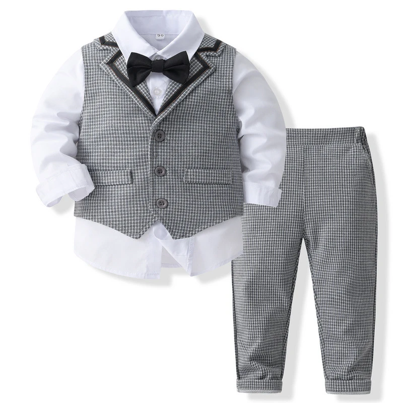 

4Piece Spring Autumn Toddler Boy Clothes Set Fashion Gentleman Suit Baby Tops+Plaid Vest+Pants+Tie Boutique Kid Clothing BC1932