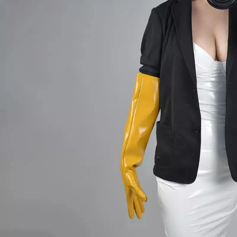 Women's Runway Fashion Yellow PU Leather Long Glove Lady's Club Performance Formal Party Dancing Glove 50cm R1045