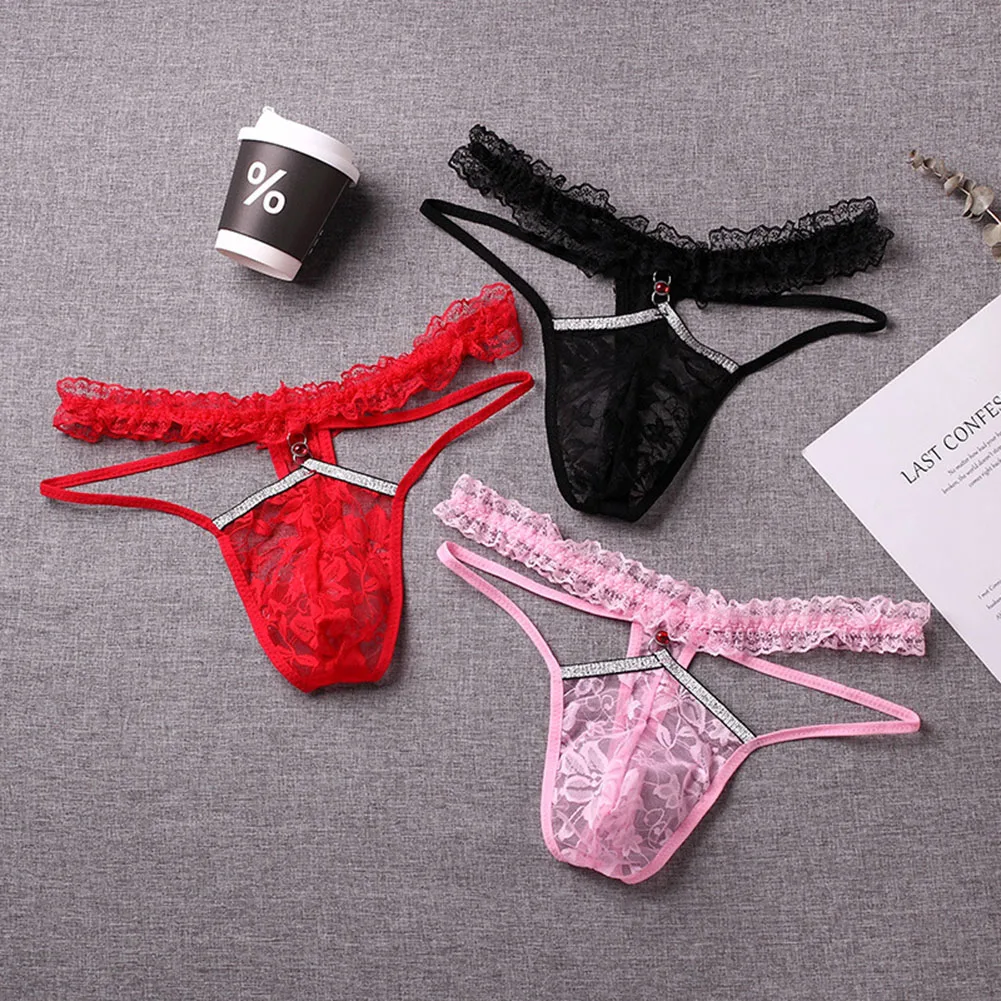 

1pc Sexy Men Lingerie See Through Mesh Lace Thongs T Back Bulge Pouch G-strings Elastic Panties Underwear Sissy