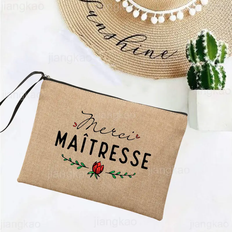 French Print Simple Linen Wristlet Clutch Bag Beach Holiday Travel Organizer Makeup Case Stationery Storage Bags Teacher Gifts