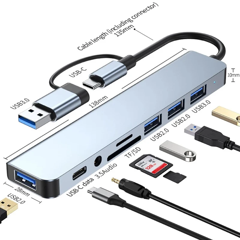 USB C Hub 8 In 2 Type-C Splitter USB Extender with 4 USB Port 1 USBC Port TF/SD Card Reader Audio Output Compatible With MacBook