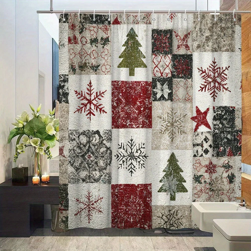 1pc Vintage Christmas Shower Curtain Suitable for Bath & Shower - Snowflake & Evergreen Tree Patchwork, Bath Partition Curtain with 12 Hooks