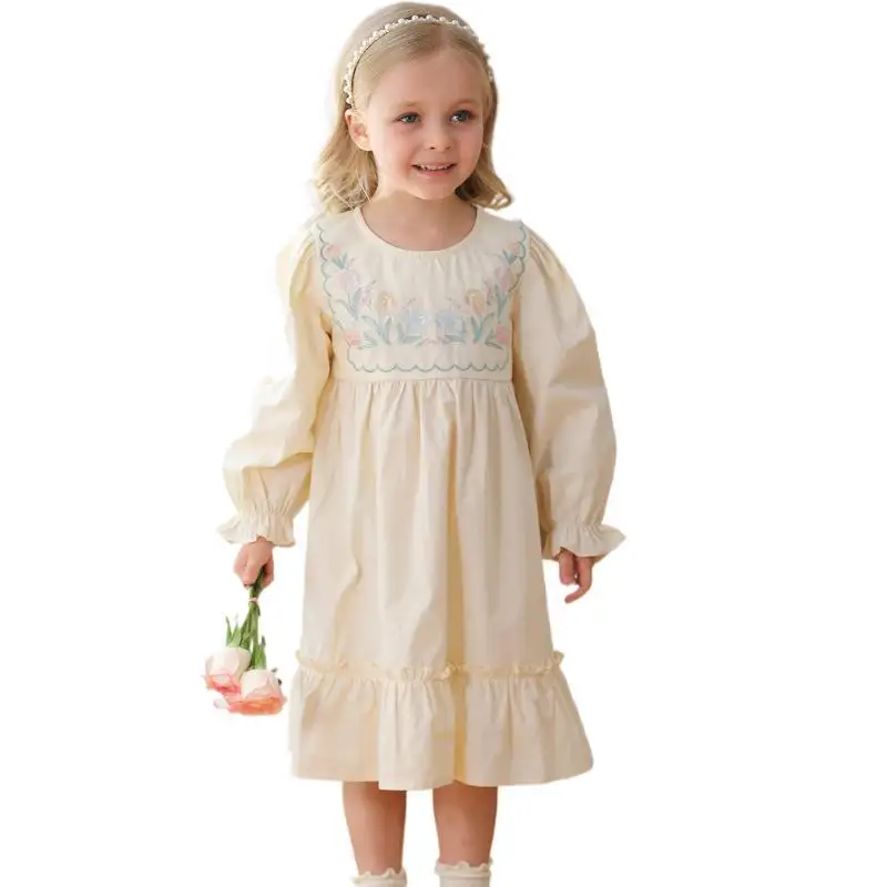 Korean Children\'s Clothing Flower Embroidery Cake Girls\' Dress 2024 Autumn Style Ruffled Long Sleeved Girls Princess Dress