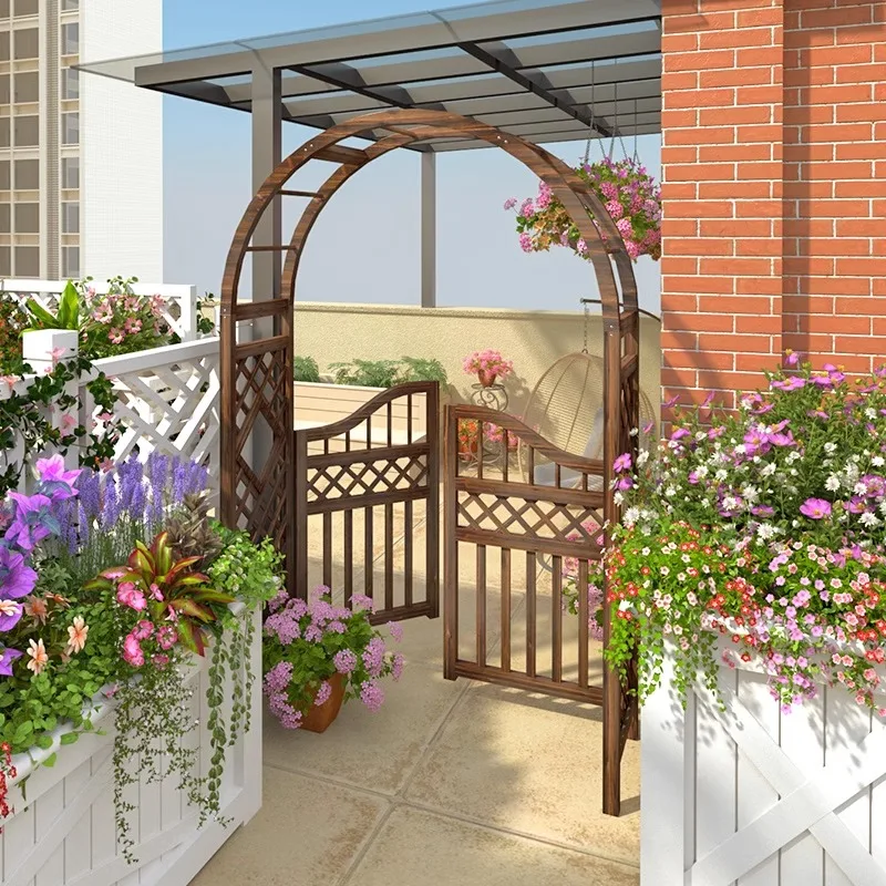 Outdoor courtyard, climbing vine flower stand, preservative wood decoration, fence fence, door outdoor