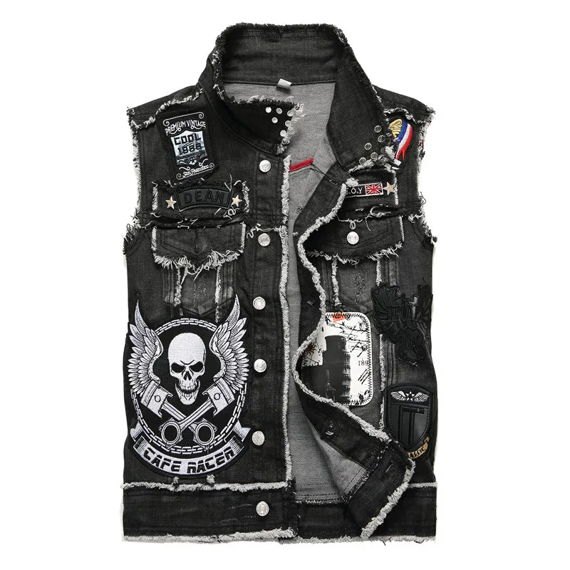 New Stylemen's Denim Waistcoat Sleeveless Vestautumn Punk Denim Vest Men's Patch Embroidery Ing Skull Nailed Black Badge Motorcy