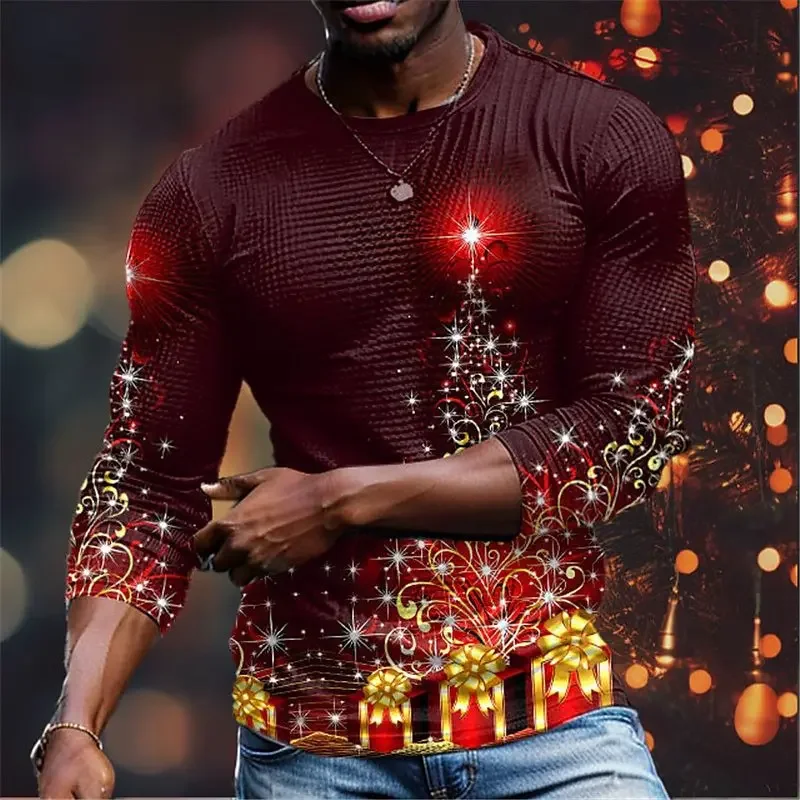 

Autumn Winter Christmas Style Men's Long Sleeve T-Shirts Snowflake And Deer 3D Print Male Red Tees Festival Casual Big Size Tops