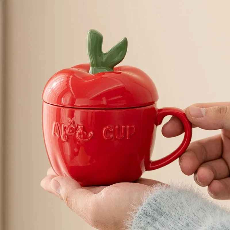 

Ceramic Mug Cartoon Apple Fruit Shape Cover Band Tomato Coffee Cup Children's Breakfast Milk Mug Festivals Birthday Present