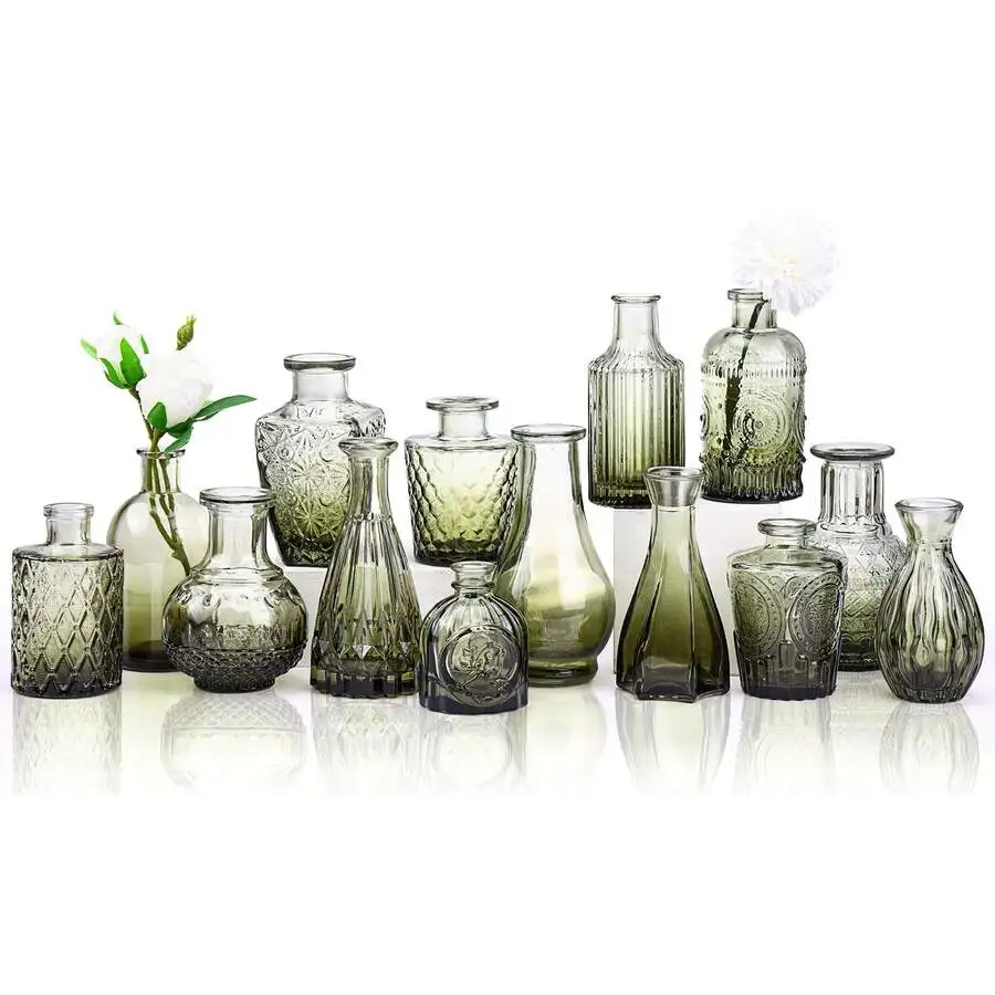 Tomnk 14pcs Small Vase Glass Flower Bottle Bulk, Gradient Green Relief Vase For Central Decoration, Mini Retro Glass Vase For Wedding Home Dining Party Decoration, For Birthday Weeding Party Home Decorations, Mother's Day Decor