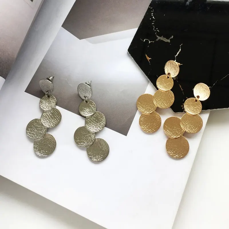 Retro Metal Long Statement Drop Earrings for Women Party Exaggerate Jewelry Brushed Metal Round Sequins Dangle Earrings Gift image 6