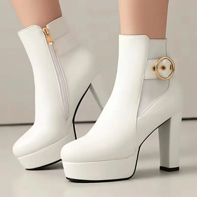 

Platform Women's Ankle Boots Autumn Winter Shoes Fashion High Heels Black White Party Dance Shoes Large Size Waterproof Footwear
