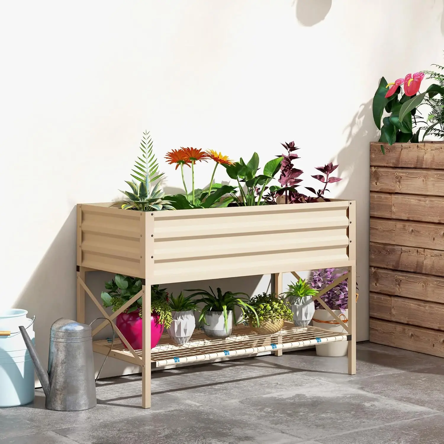 Raised Garden Bed with Galvanized Steel Frame, Storage Shelf and Bed Liner, Elevated Planter Box with Legs for Vegetables, Flowers, Herbs, Cream