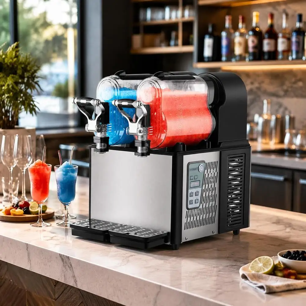 Machine à granités commerciale 3L X2 à double réservoir en acier inoxydable, préparateur de boissons glacées avec compresseur efficace pour fêtes, restaurants, cafés et bars, noir