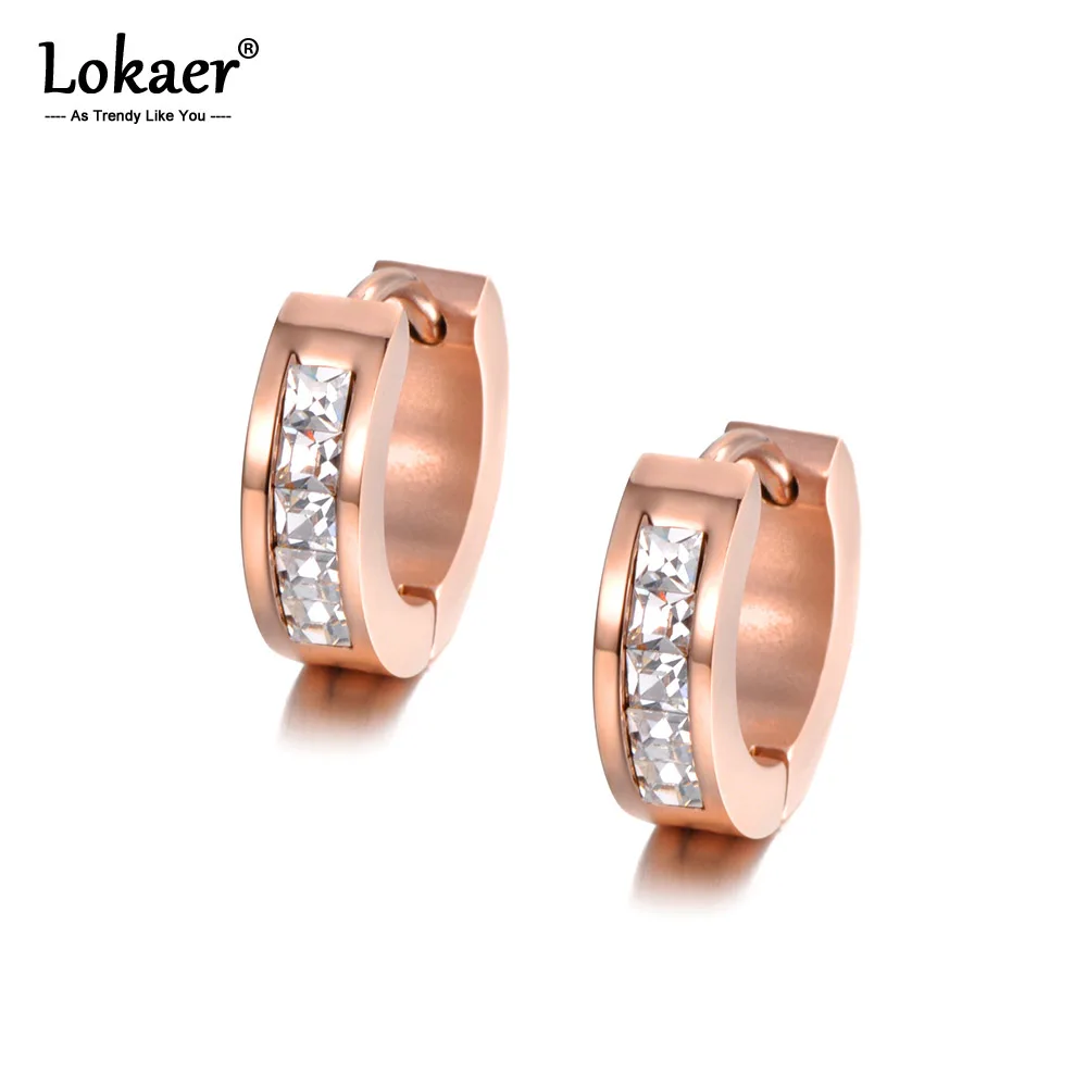 Lokaer Cubic Zirconia Hoop Earrings White Crystal Jewelry Stainless Steel Rose Gold Color Women Gift Rhinestone E18484