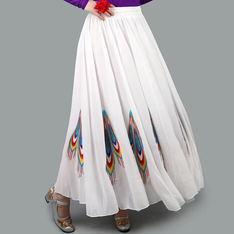 

Синьцзянская танцевальная маятниковая юбка в этническом стиле, женская шифоновая двухслойная юбка для кадриль, среднее и длинное выступление