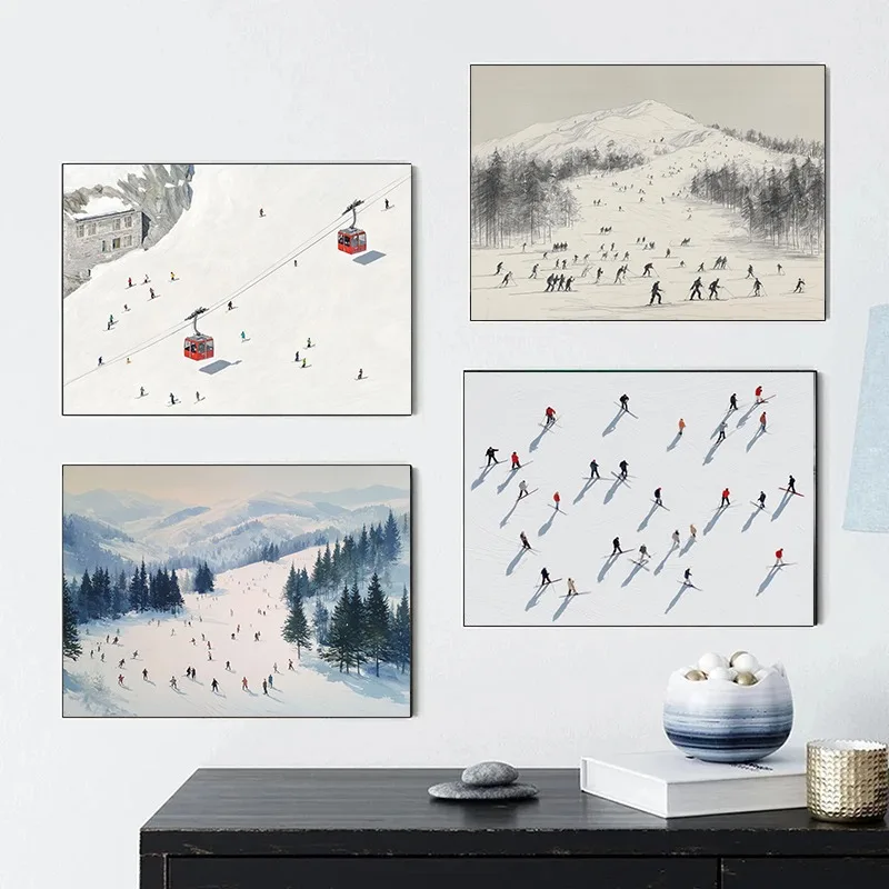 Crowded Ski Slope Art Print Colourful Winter Alpine Mountain Landscape with Red Cable Car Ski Resort Sport Wall Art Poster Decor