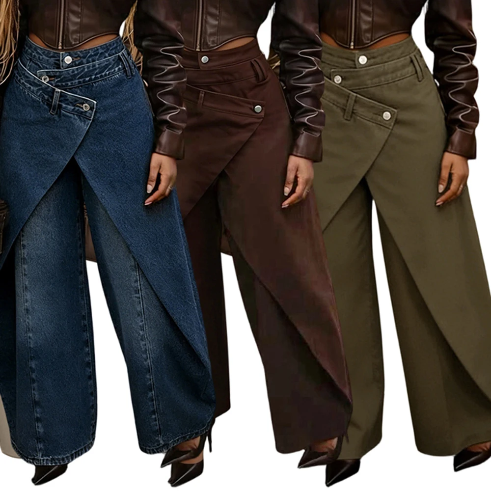 JENYAGE Women Asymmetrical Wrap Overlap Wide Leg Pants High Waist Irregular Layered Trousers Y2K Streetwear Casual Baggy Jeans