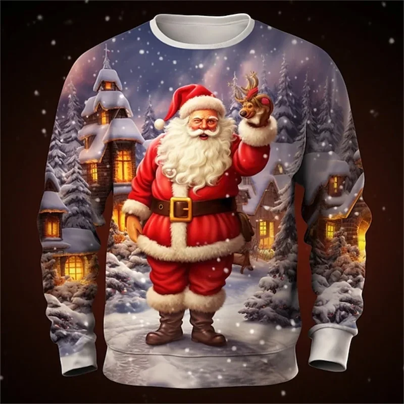 Funny Santa Claus Christmas Sweater Full Print Pullover Sweatshirt For Men Women Clothes Casual Unisex Crew Neck Tracksuit Tops