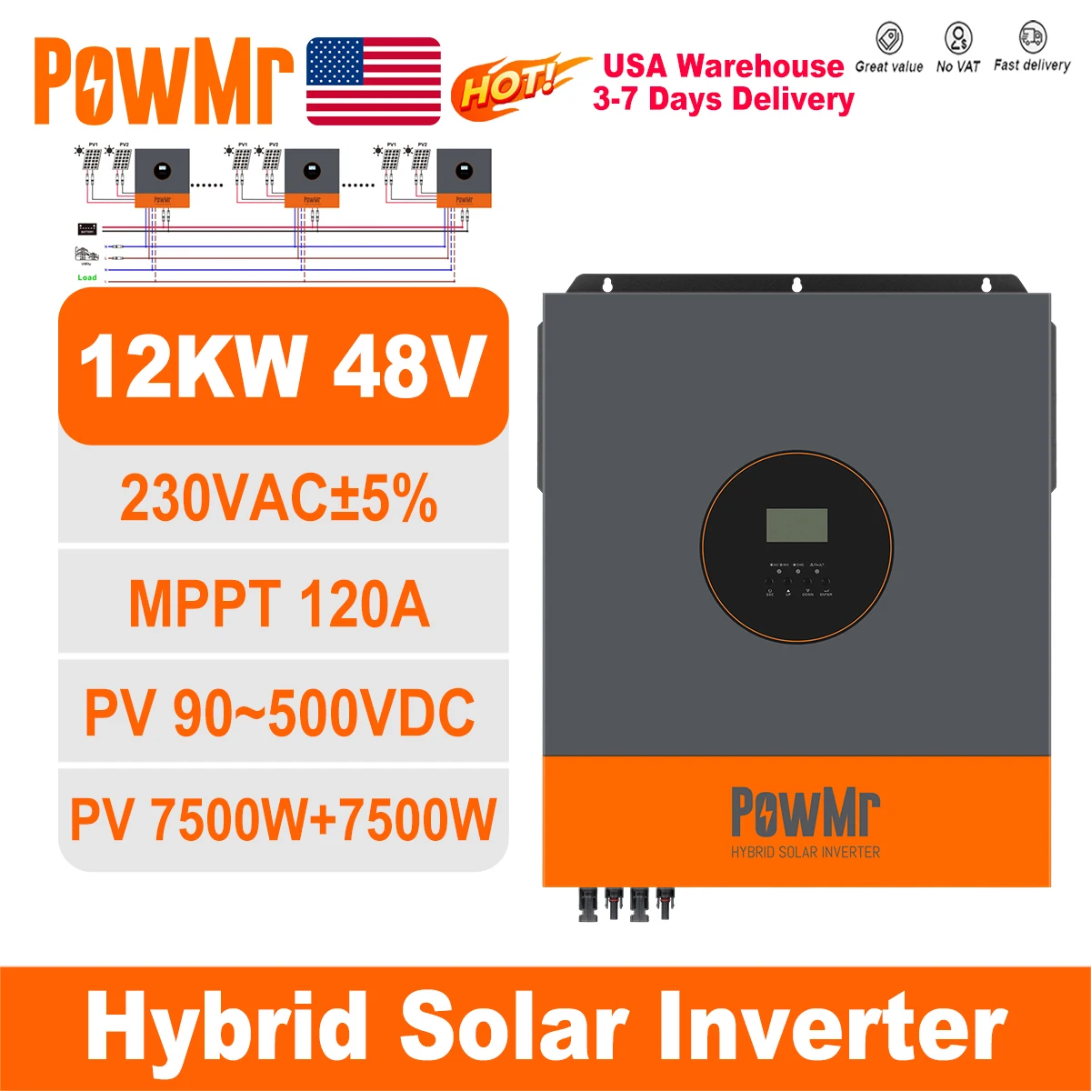 PowMr USA 48V 12000W Hybrid Solar Inverter Pure Sine Wave 2×MPPT 150A Charger 90-500V PV Input 220V/230V/240V Output Off Grid On Grid Inverter Compatible with Lithium Lead Acid AGM Battery for Home Appliance Compatible Support Max 9 Units Parallel WorK