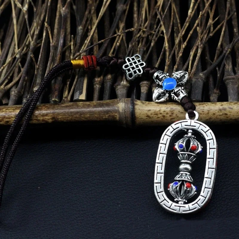 Antique Black Silver Color Eight Trigrams Lanyard KeyChain Tibetan Buddhist Zodiac Woven Rope Pendant Mens Womens Jewelry Gifts