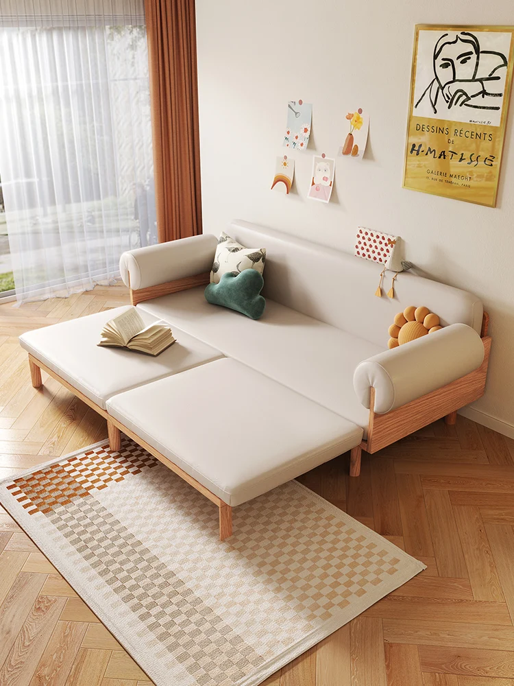 Sofa bed dual-purpose retractable solid wood sofa, double small family living room folding bed