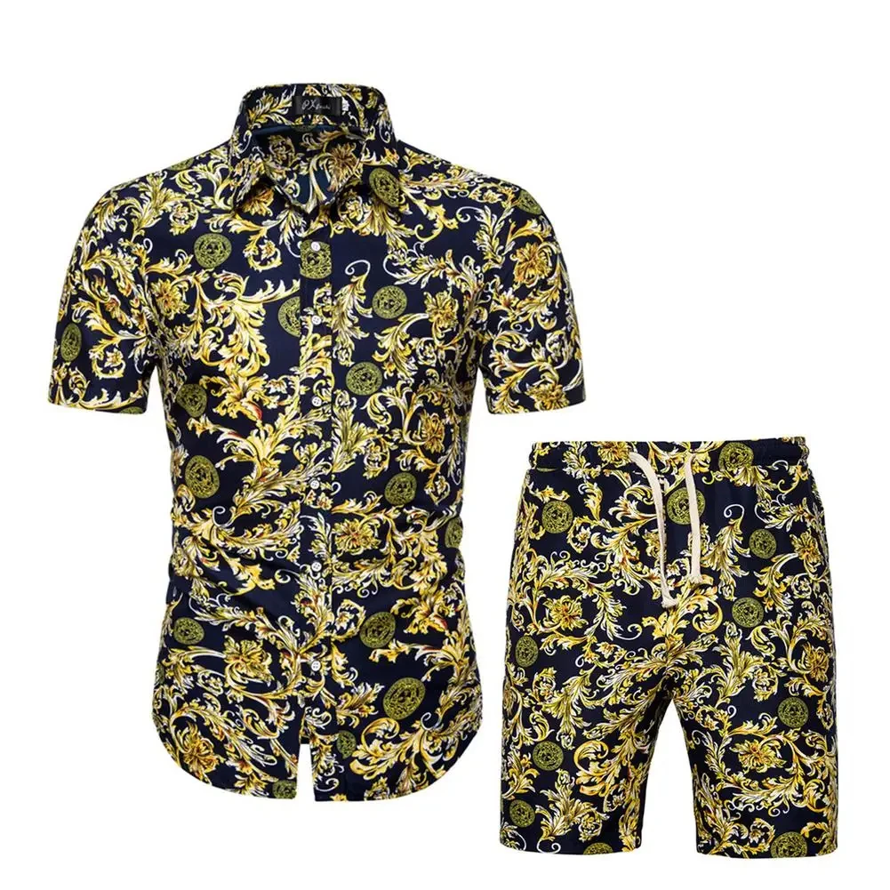 Hawaii Men Sets Print Lapel 3D leaf print Short Sleeve Casual Shirt Beach Shorts Oversized 2Pcs set Vacation Hawaiian Man Suits