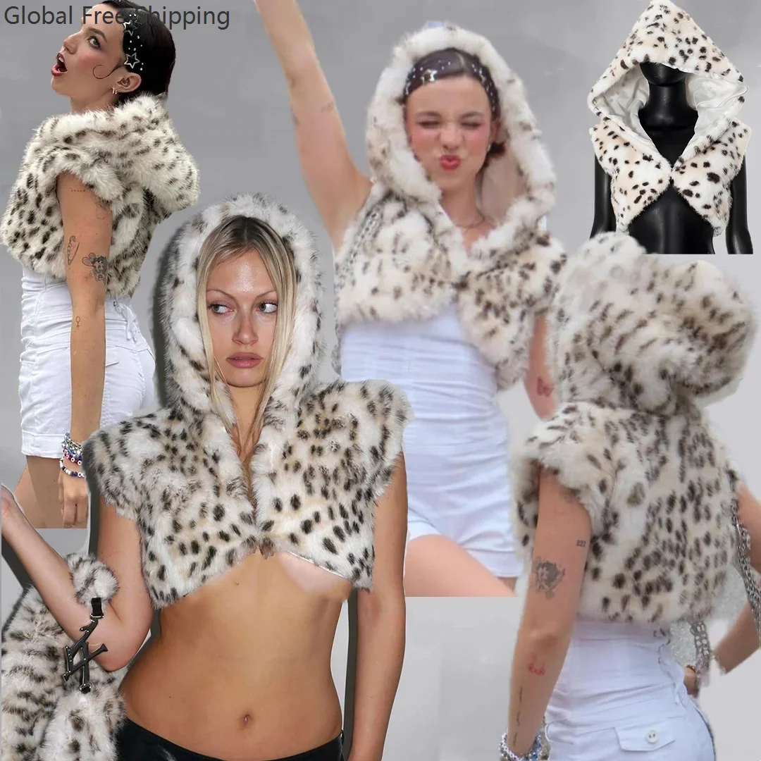 

Furry Faux Fur Hooded Hat For Men Women Leopard Print Warm Scarf Halloween Cosplay French Hat Fashion Coat Scarf Short Vest Hat