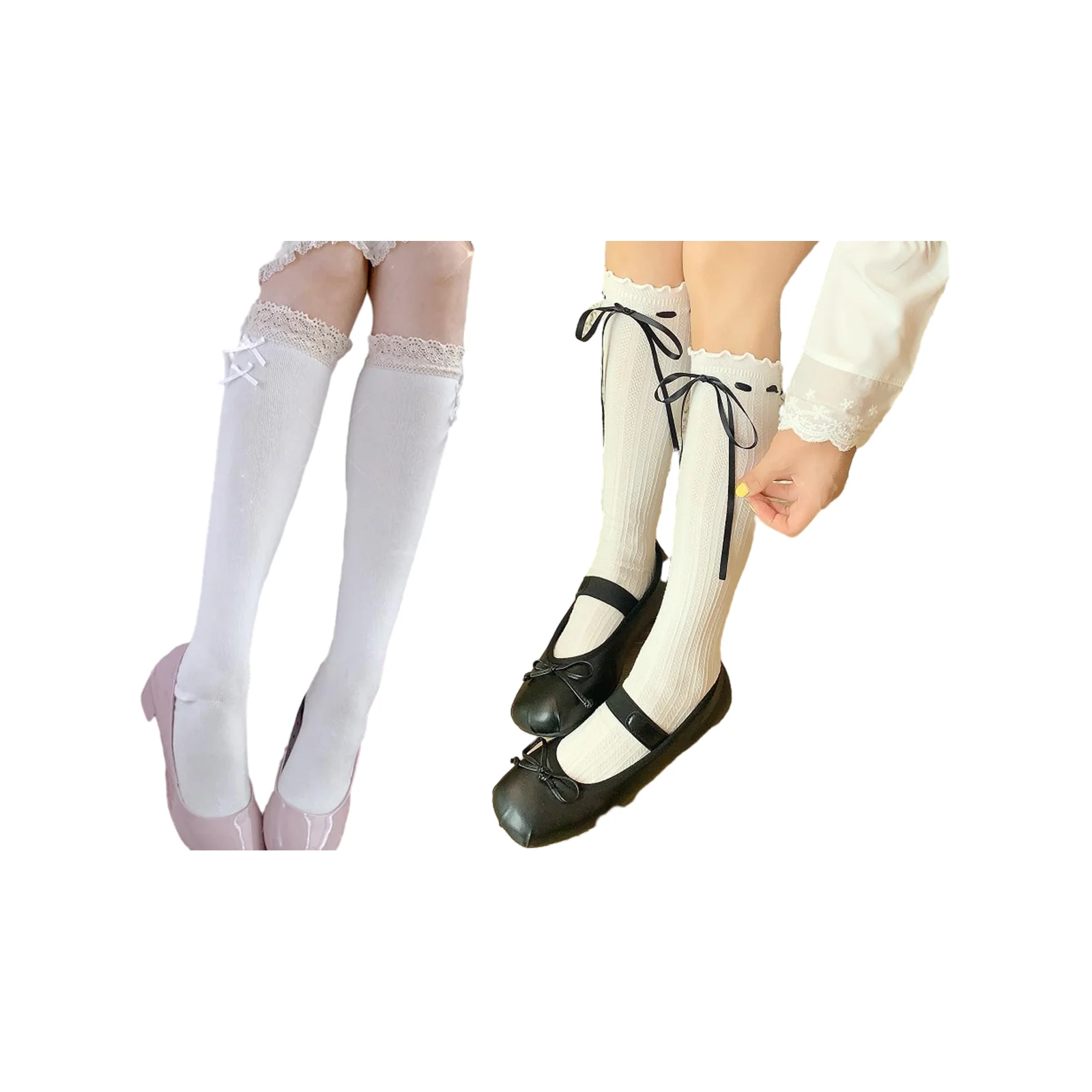 

Lace calf socks combination: long white bow + white and black ribbon fungus