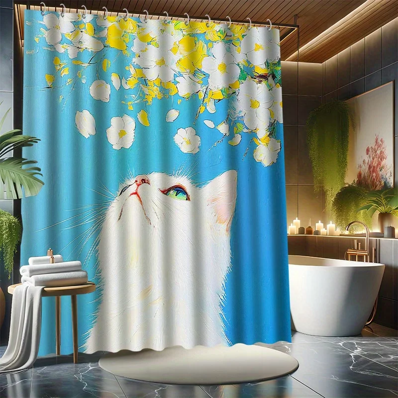 4pcs, Cute Cat Shower Curtain Set, White Kitten Looking Up to Sniff Flowers, with 12 Hooks, Polyester Fabric, with Bathroom