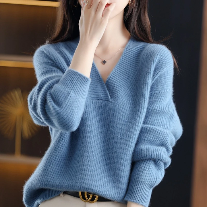 Frauen Solide Lose Stricken Pullover V-ausschnitt Basis Pullover Herbst Winter Jumper Strickwaren Weiche Warme Chic Femme Pullover Casual Tops