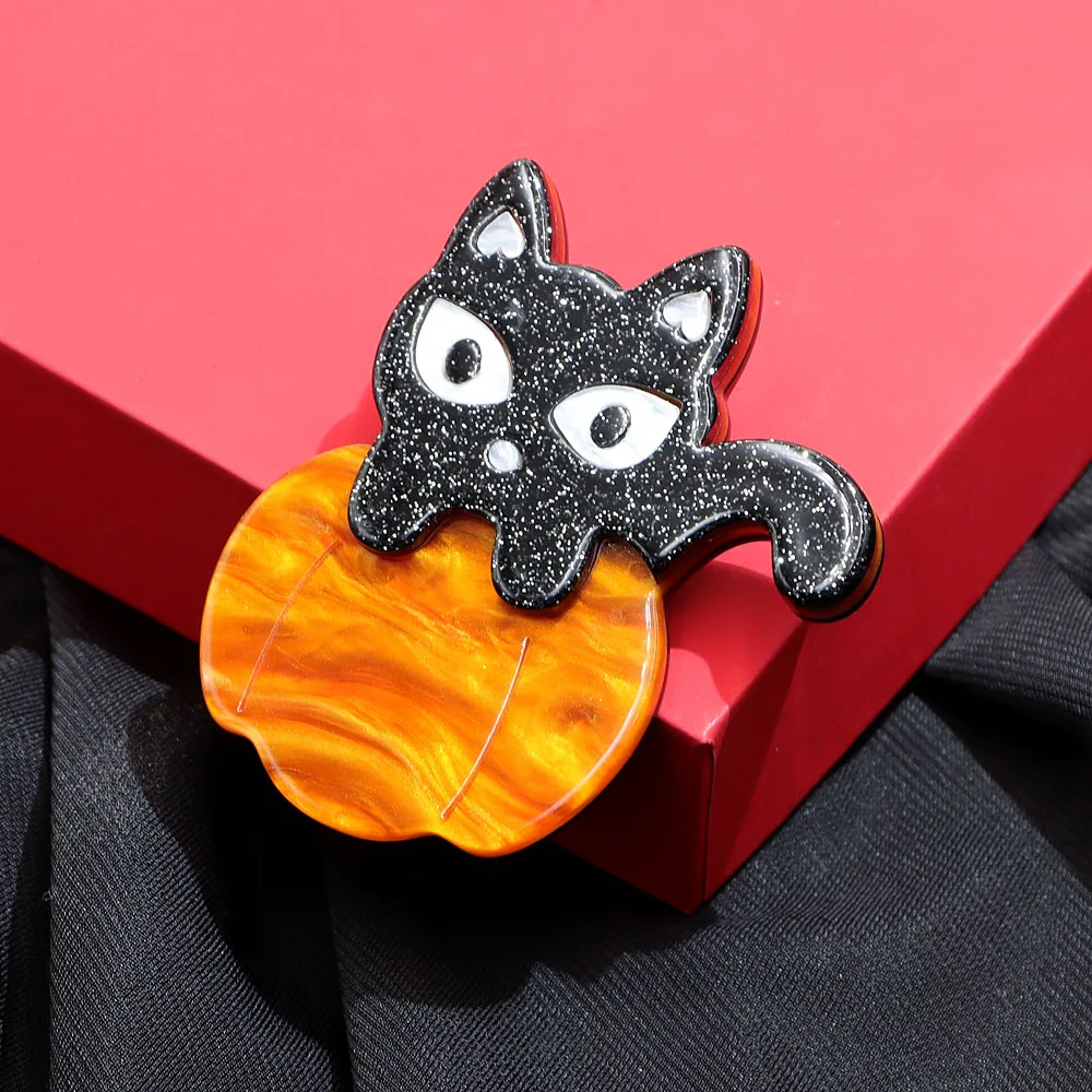 CINDY XIANG Acrylic Black Cat On Pumpkin Brooch Halloween Jewelry High Quality