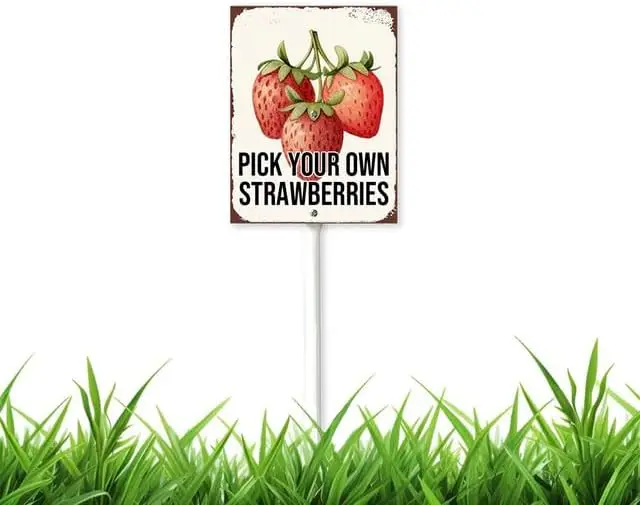 Pick Your Own Strawberries Yard Sign with Stake 8x12 inch Aluminum Outdoor Decoration Sign Rustproof Sturdy Aluminum Sign for Ou