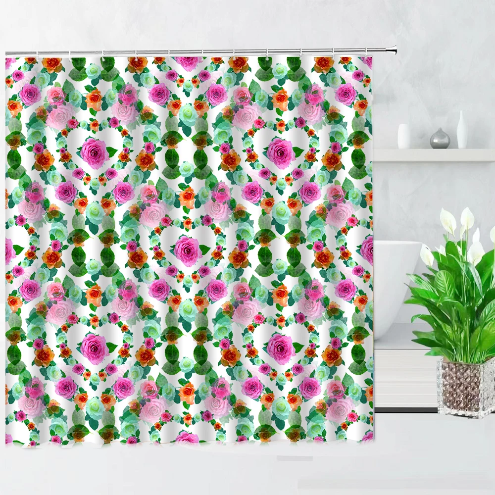 

Spring Watercolor Roses Flower Bath Screen ChloropLastid Pink Floral Shower Curtain Waterproof Fabric Bathroom Decor with Hooks