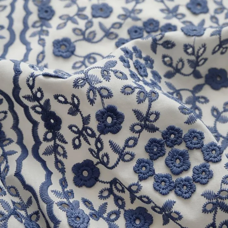 Chinese Style Blue and White Porcelain Three-dimensional Flower Embroidery Chinese Qipao Dress Dress Shirt Fabric