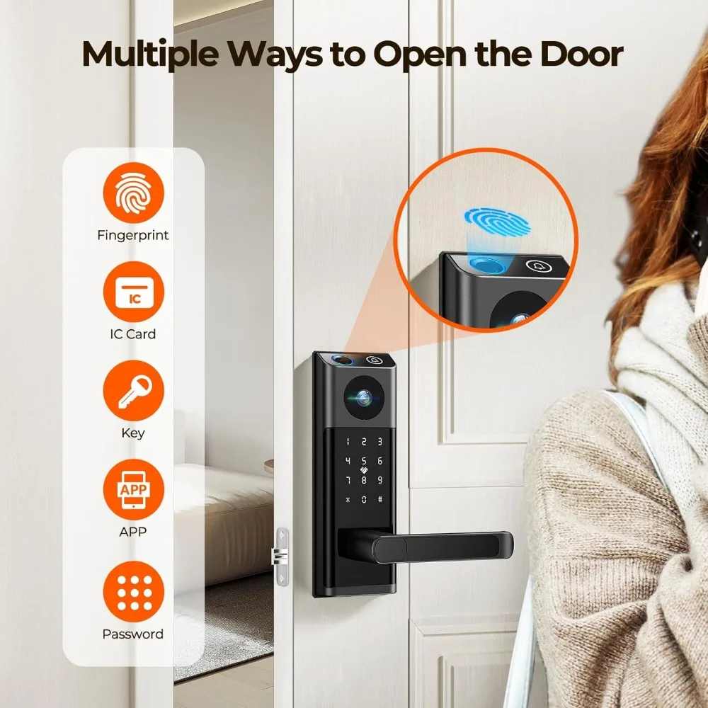 Cerradura inteligente con vídeo con cámara y timbre, cerradura de puerta de entrada sin llave 5 en 1 con manija, huella digital + código de teclado + Control de aplicación remota +