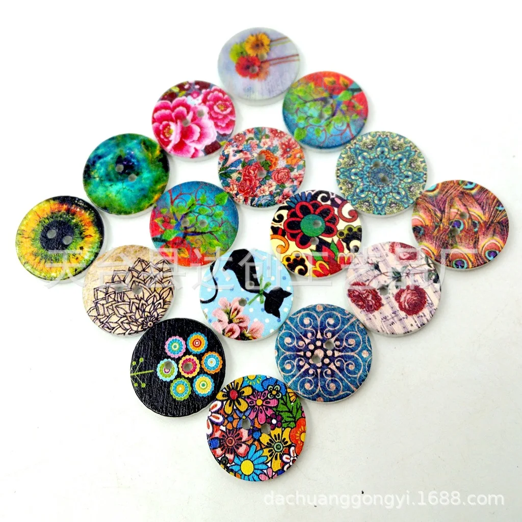 15/20/25 mm a variety of retro log disc buttons, painted printed wood buttons 100 per pack