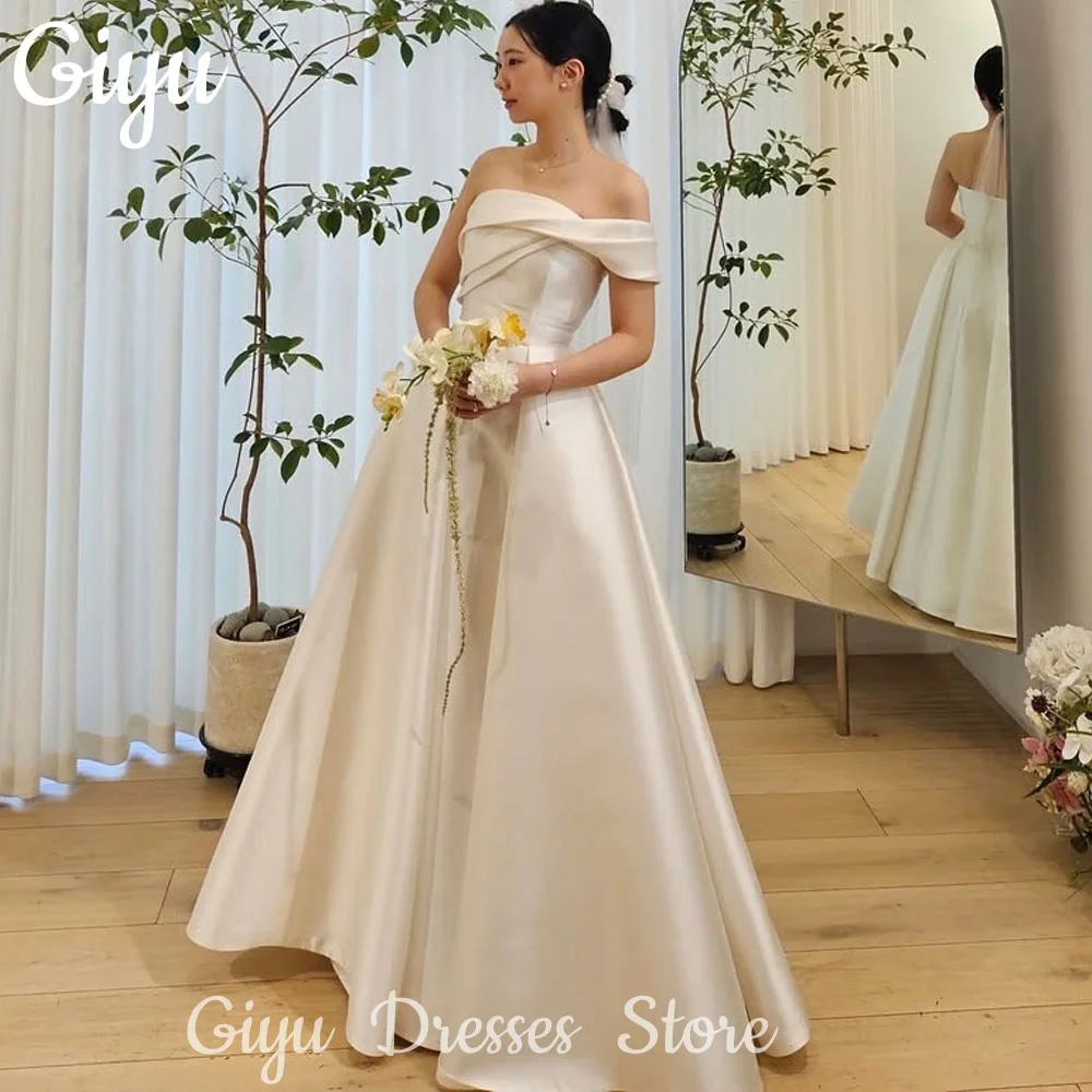 

Giyu Elegant A Line Off Shoulder Satin Korea Wedding Dresses Pleat Floor Length Bridal Gown Country 웨딩드레스 Photoshoot 2025