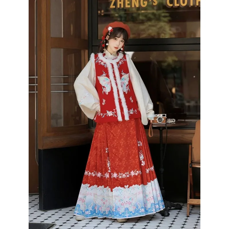 

Осенне-зимний повседневный комплект, модная индивидуальная оригинальная женская юбка с круглым вырезом в стиле Мин, Bijia Hanfu, вышитая юбка с конским лицом