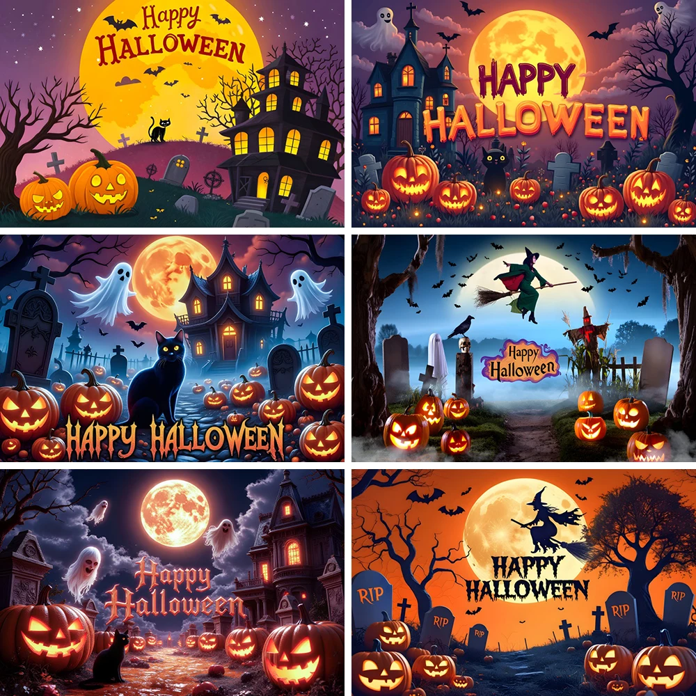 Happy Halloween Party Decor Background Graveyard Pumpkin Lights Witch Broom Halloween Eve Moon Horror Theme Photography Backdrop