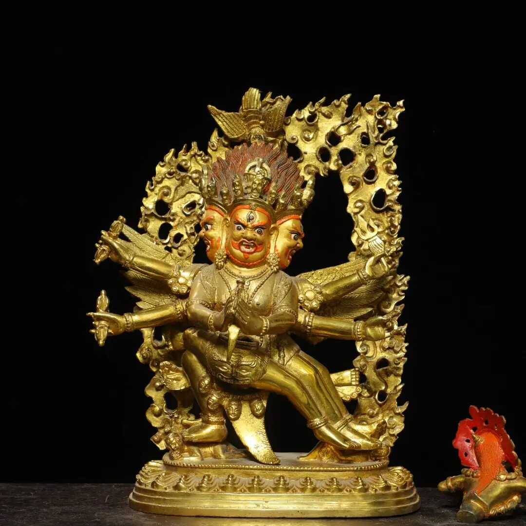 Nepal Handmade Antique Pure Copper Gold Gilded Vajrakilaya Yab Yum Statue Home Altar Ornament