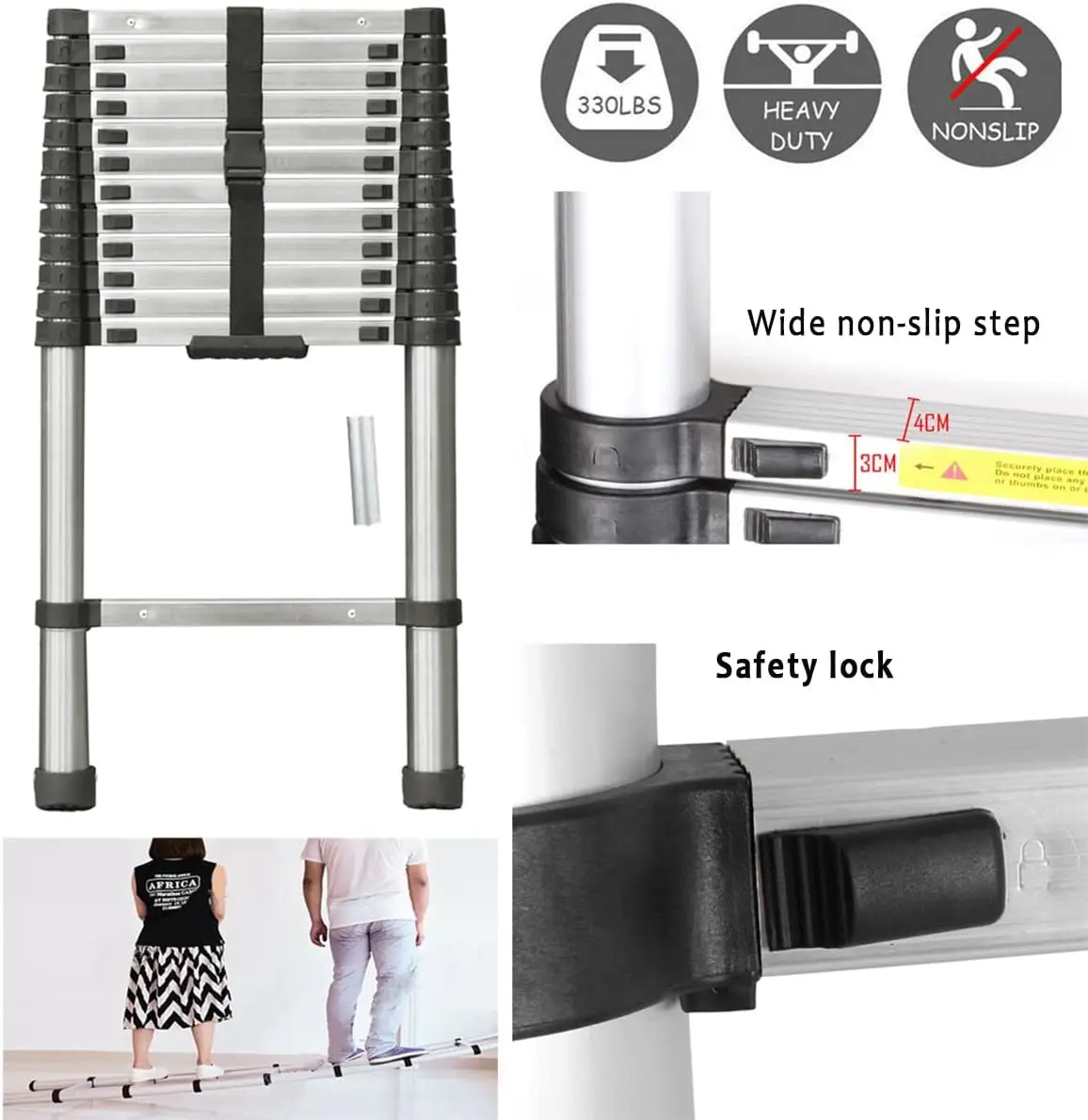 บันไดยืดไสลด์ 3.8M/12.5FT, บันไดอเนกประสงค์, บันไดกันลื่น, บันไดเหล็ก, มาตรฐานปลอดภัย EN131, ความจุรับน้ําหนัก 330 ปอนด์