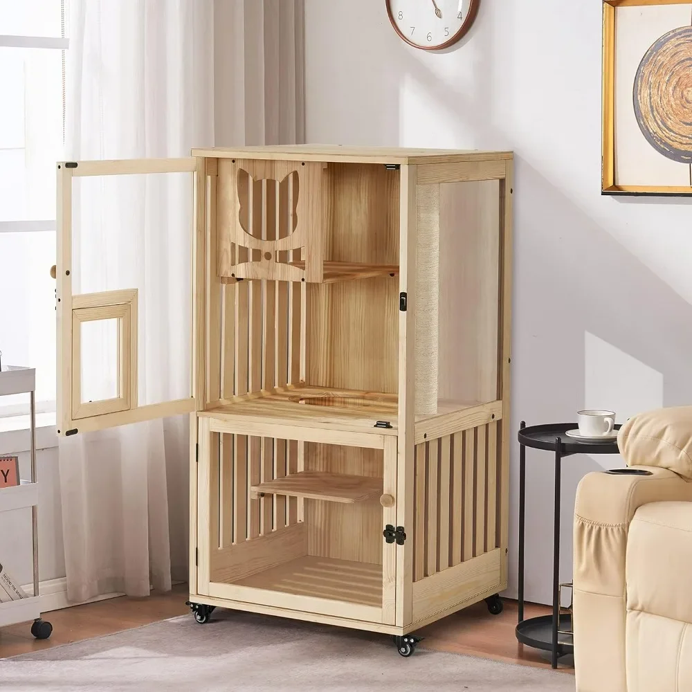 

Luxury Wooden Cat House with Scratching Post, Indoor Enclosed Cat Condo with Wheels, Multi-Feature Cat Cage Villa with Escape