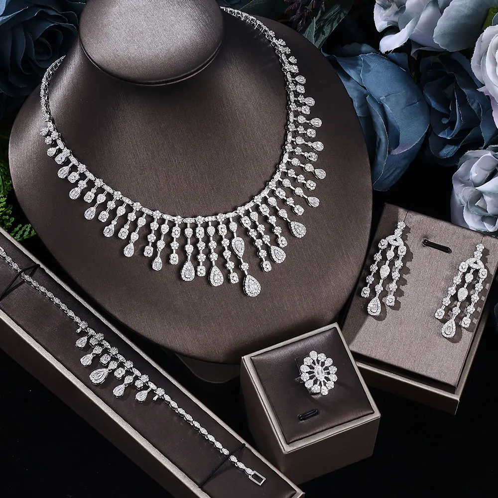 

Saudi Arabia Luxury Bridal Wedding Fashion Jewelry Set Necklace Bracelet Ring Earrings 4 Pieces For Women Party Prom Dinner