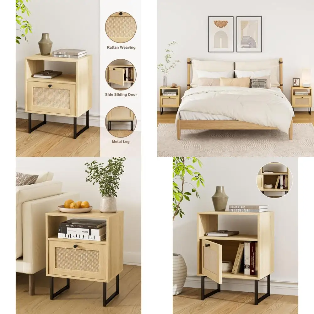 

Прикроватная тумбочка в стиле фермерского дома из дуба и ротанга с местом для хранения и открытой полкой для спальни или гостиной