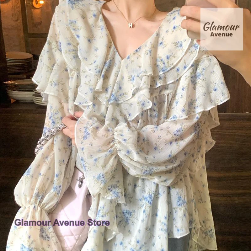 French floral chiffon double-collar V-neck sunscreen shirt women's summer new plus size fashion design Joker casual top