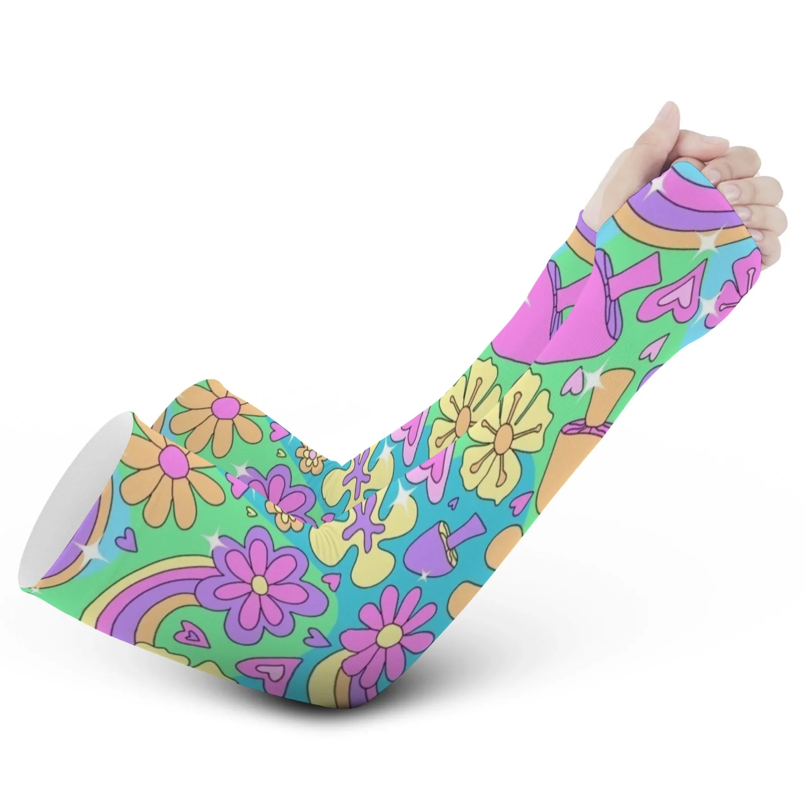 2025 Summer Colorful Vintage Style Ice Sleeves - Pattern with Rainbows,Flowers, Hearts & Mushrooms Breathable for Outdoor Sports