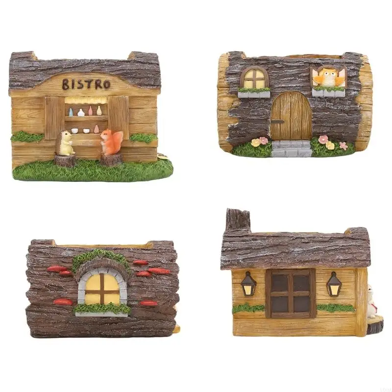 U0DA Stump House Figurines Planter Decorations for Flower Pot Windowsill Figurine